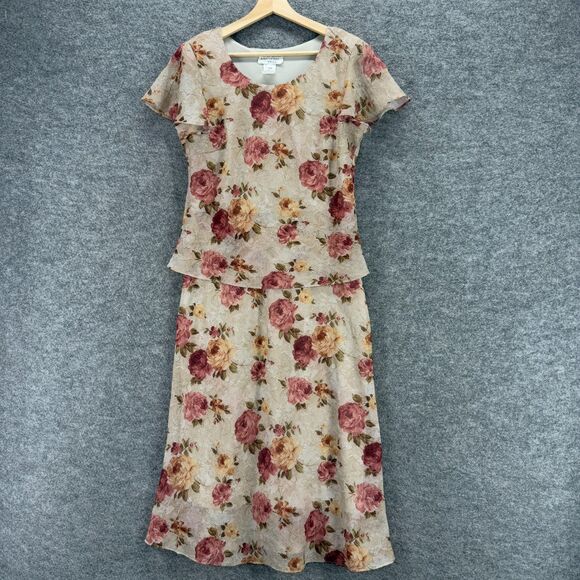 Miss Dorby Skirt Suit Women 10P Petite Gray Floral Short Sleeve A-Line Midi - Picture 1 of 5